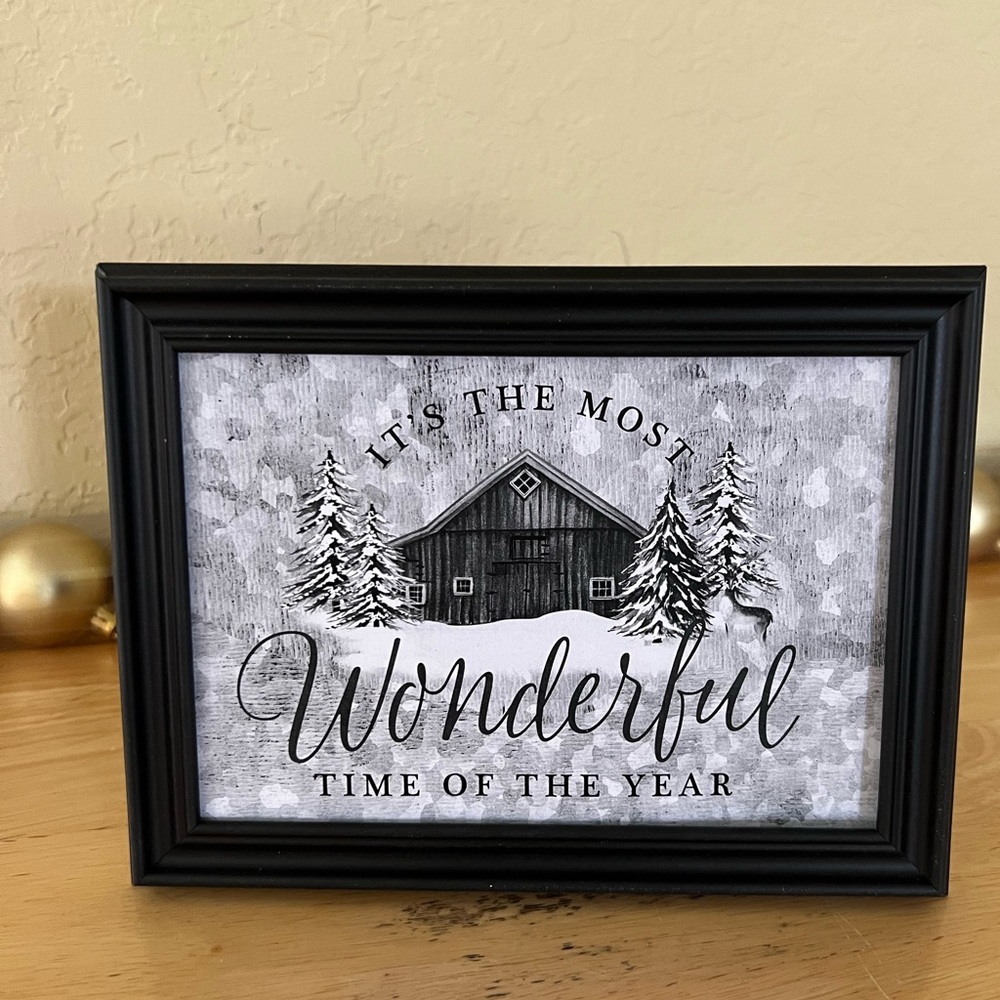 Farmhouse Christmas barn & trees picture 5x7 w/frame